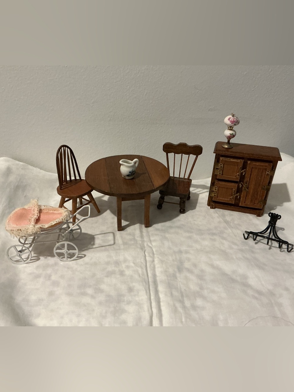Vintage Dollhouse Furniture Lot Miniature Icebox Drop-Leaf Table Chairs & More